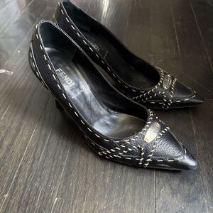 Fendi Zucca Heels FF Logo Slip On Pointed Toe Stilettos Pumps Women's 36.5